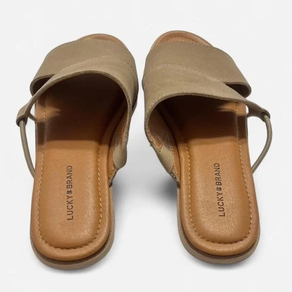 Lucky Brand Nekoda Slide Sandals Dune Taupe Leather Boho Cottagecore Beach Indie - Picture 2 of 8